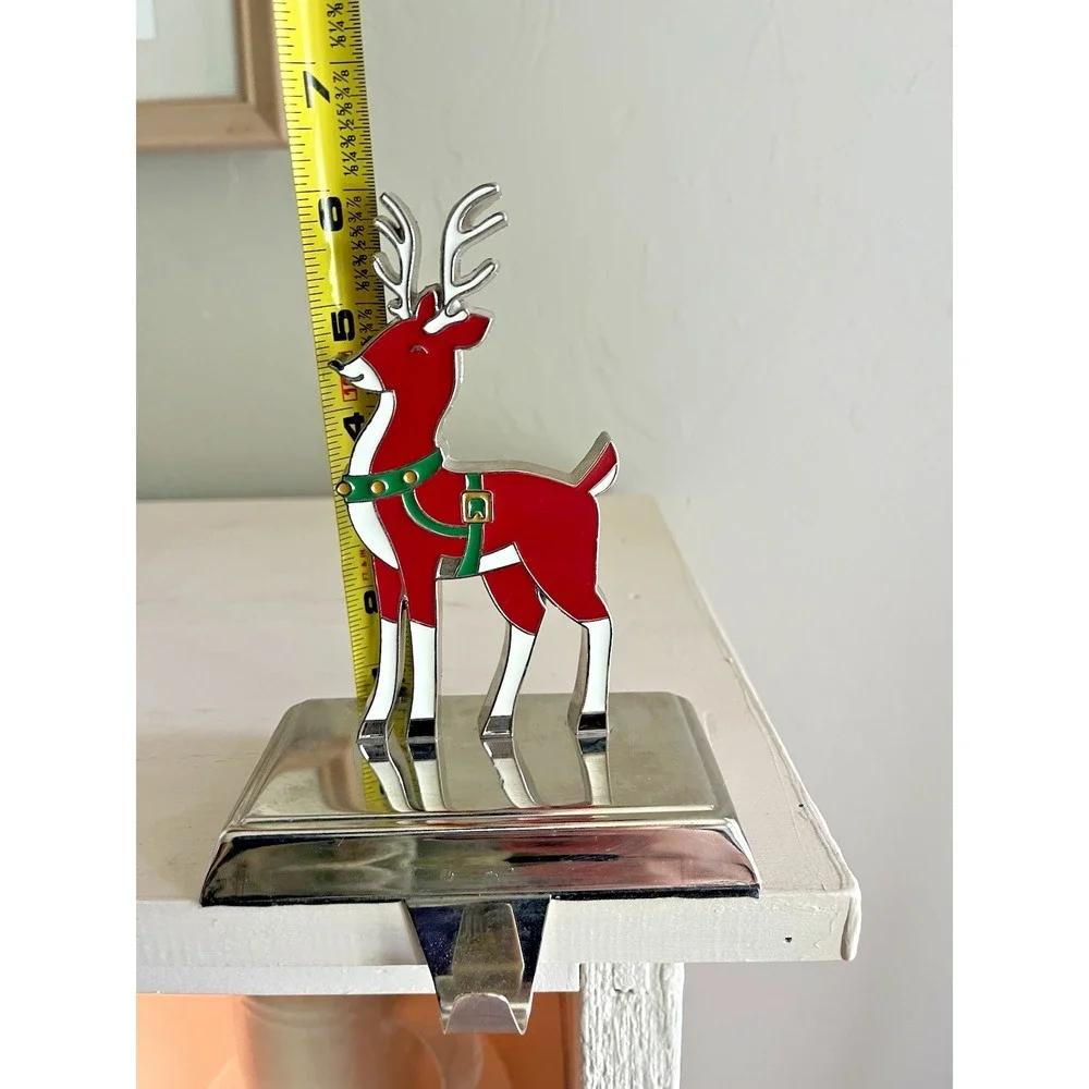 Red Reindeer Christmas Stocking Hanger Hook Holder Mantle Fireplace Enamel Metal